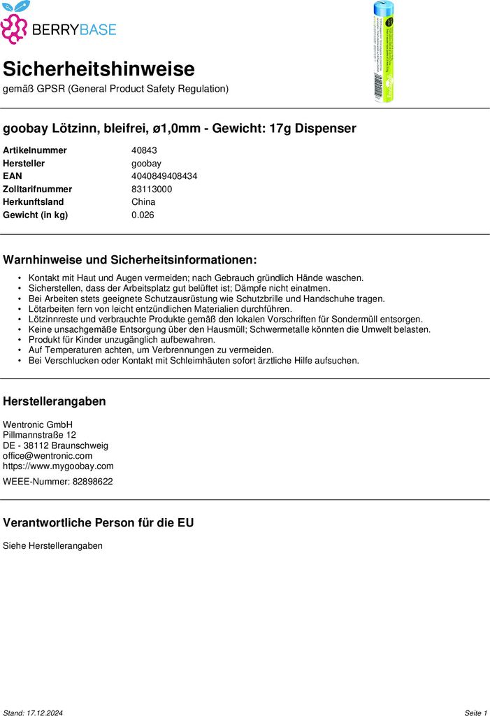 goobay Lötzinn, bleifrei, ø1,0mm - Gewicht: 17g Dispenser