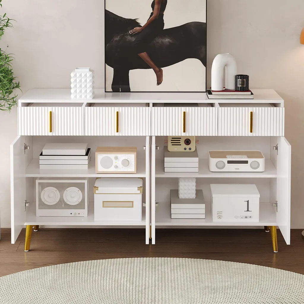 Buffet avec Stratifié Amovible et Finition Blanche, Détails Dorés