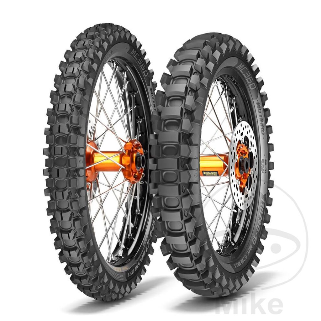 Two motorcycle tires are shown side-by-side on a white background.