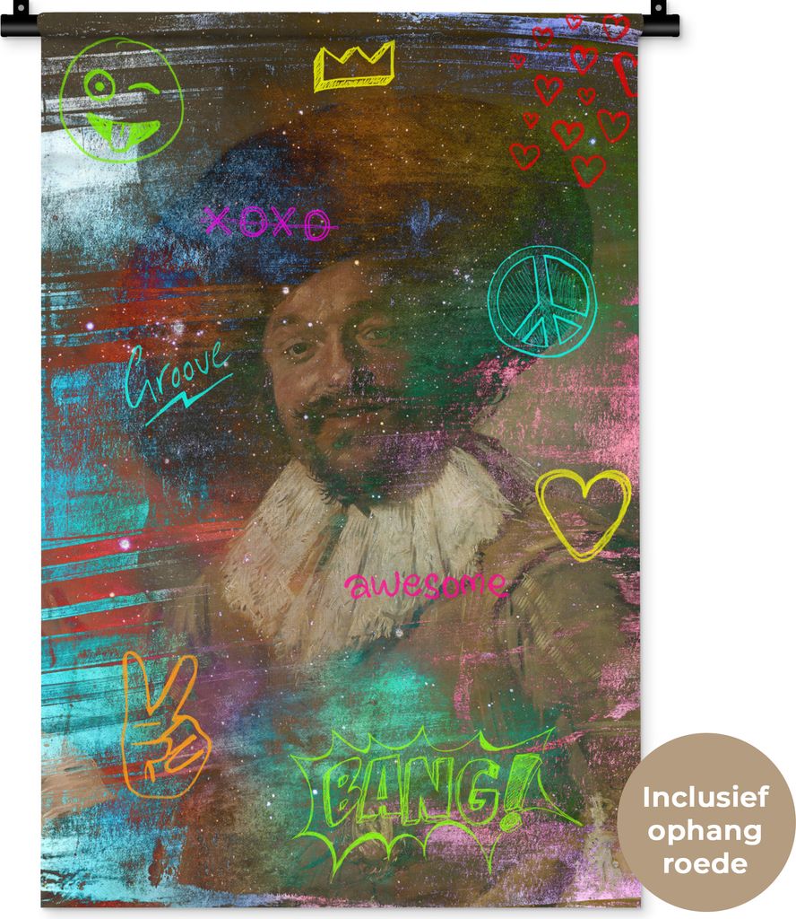 MuchoWow Wandteppich Wandbehang Der fröhliche Trinker - Frans Hals - Neon 60x90 cm Tapisserie Dekoration Wandtuch - Foto-Teppich - Abwaschbar