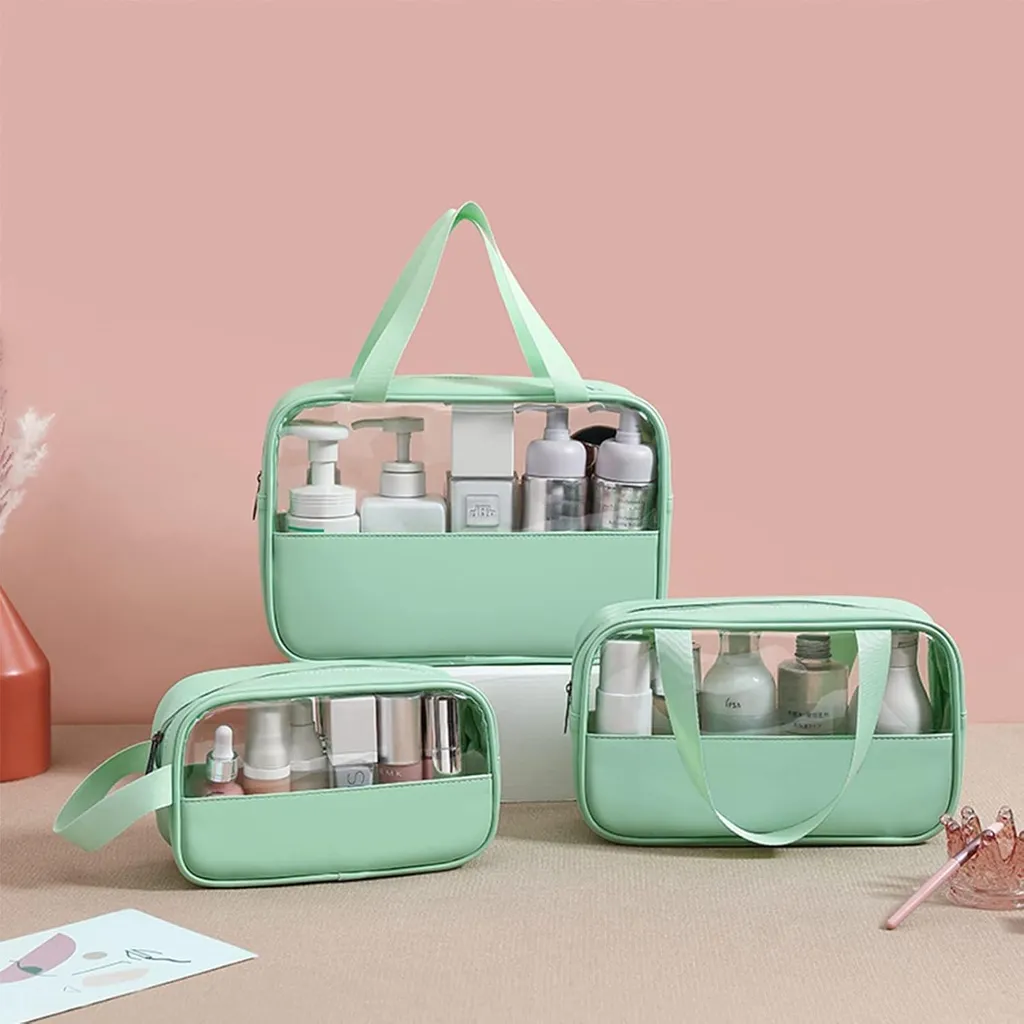 Trousse de maquillage transparente et étanche en PVC vert fluo - 2