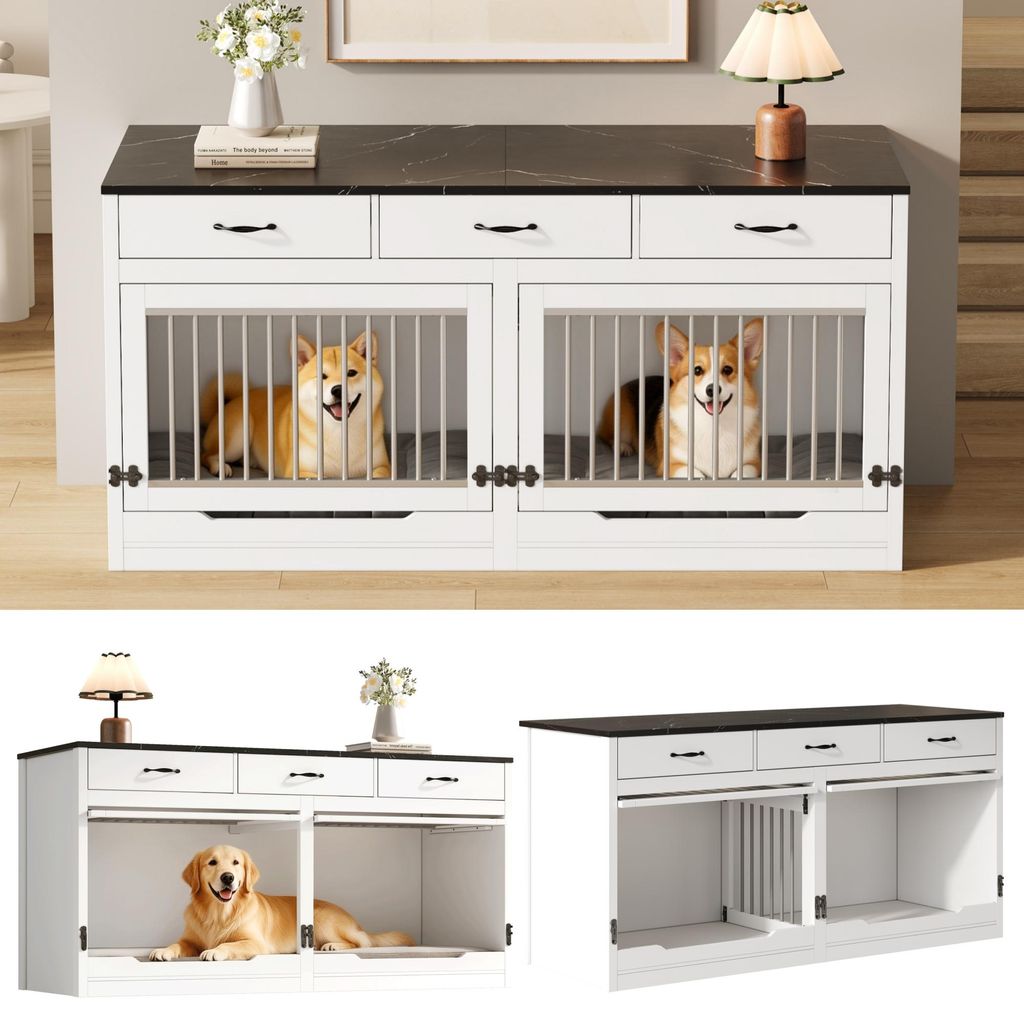Holz-Metall Hundebox, Hundekäfig, für 2 Hunde, Innen-Hundehütte, mit Schlossverschluss, hochklappbarer Tür, herausnehmbarer Trennwand, 3 Schubl...