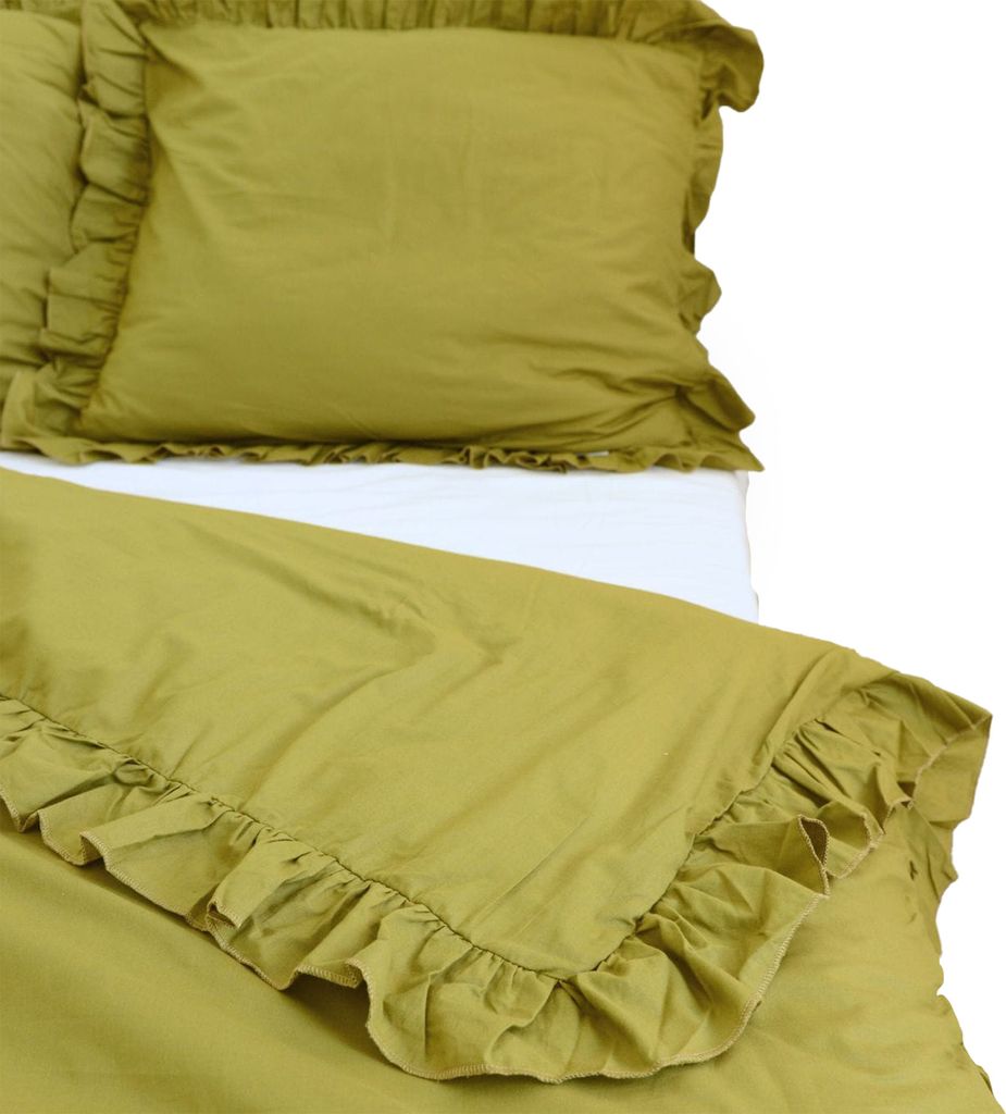 Baumwolle Bettwäsche Mit Rüschen Set Schlafzimmer Bettdeckenbezug 160X200 Cm + 2 Kissenbezüge 70X80 Cm Olivgrün