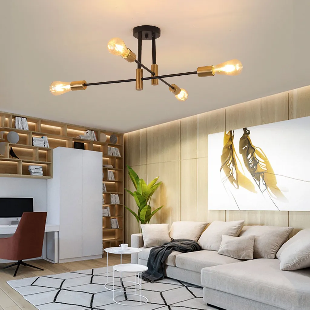 Plafonnier Vintage E26 Lustre Milieu du Siècle Suspension 4 Lumières Noir