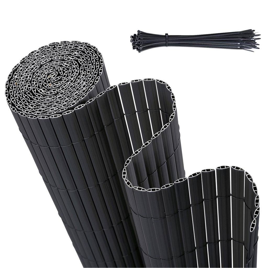 A rolled-up black PVC privacy screen and a bundle of black zip ties on a white background.