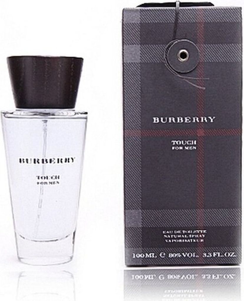 A bottle of Burberry Touch for Men eau de Toilette and its packaging are displayed side-by-side against a white background.