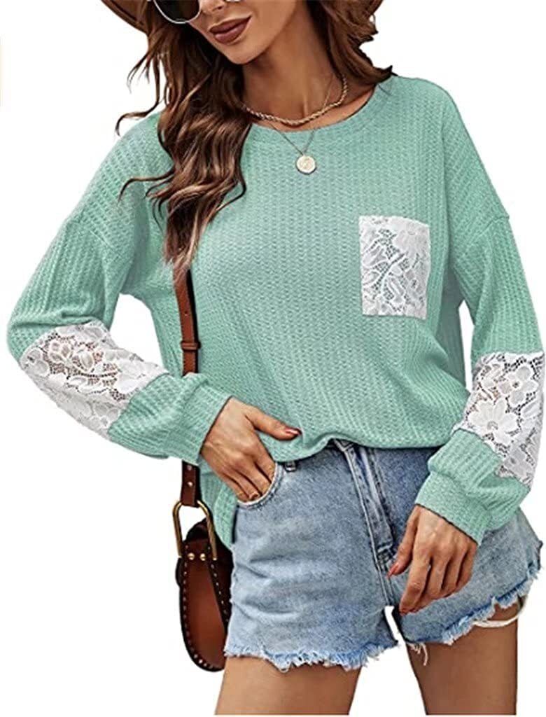 ASKSA Damen Strickpullover Rundhals Winter Basic Elegant Pullover mit Spitze Langarmshirt, Grün, M