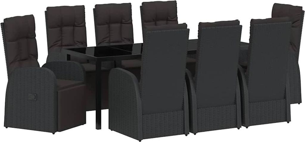 vidaXL Garten Essgruppe mit Kissen 9 pcs Schwarz Poly-Rattan