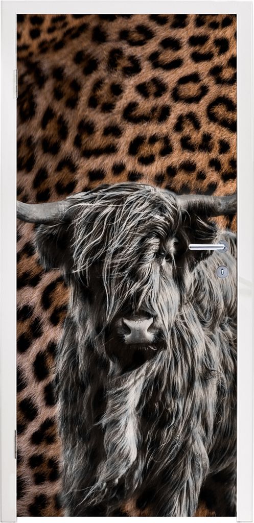 MuchoWow Türtapete Selbstklebende Türfolie Schottischer Highlander - Pantherdruck - Schwarz - Weiß 90x235 cm Türposter Türaufkleber Klebefol...