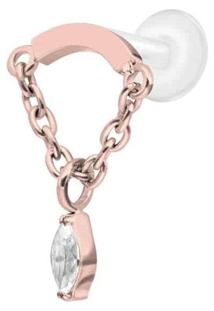 Ohrpiercing, Nasenpiercing PTFE Labret mit Innengewinde + Titan-Aufsatz BOGEN + KETTE + KRISTALLTROPFEN RoséGold Stablänge: 6mm | Stabstärke: 1,...