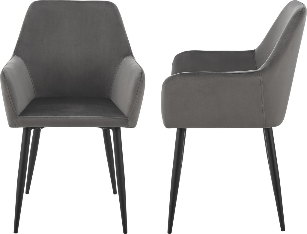 Two dark gray velvet chairs with black legs are shown from different angles against a white background.
