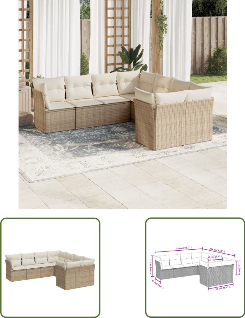 The Living Store 8-tlg. Garten-Sofagarnitur mit Kissen Beige Poly Rattan