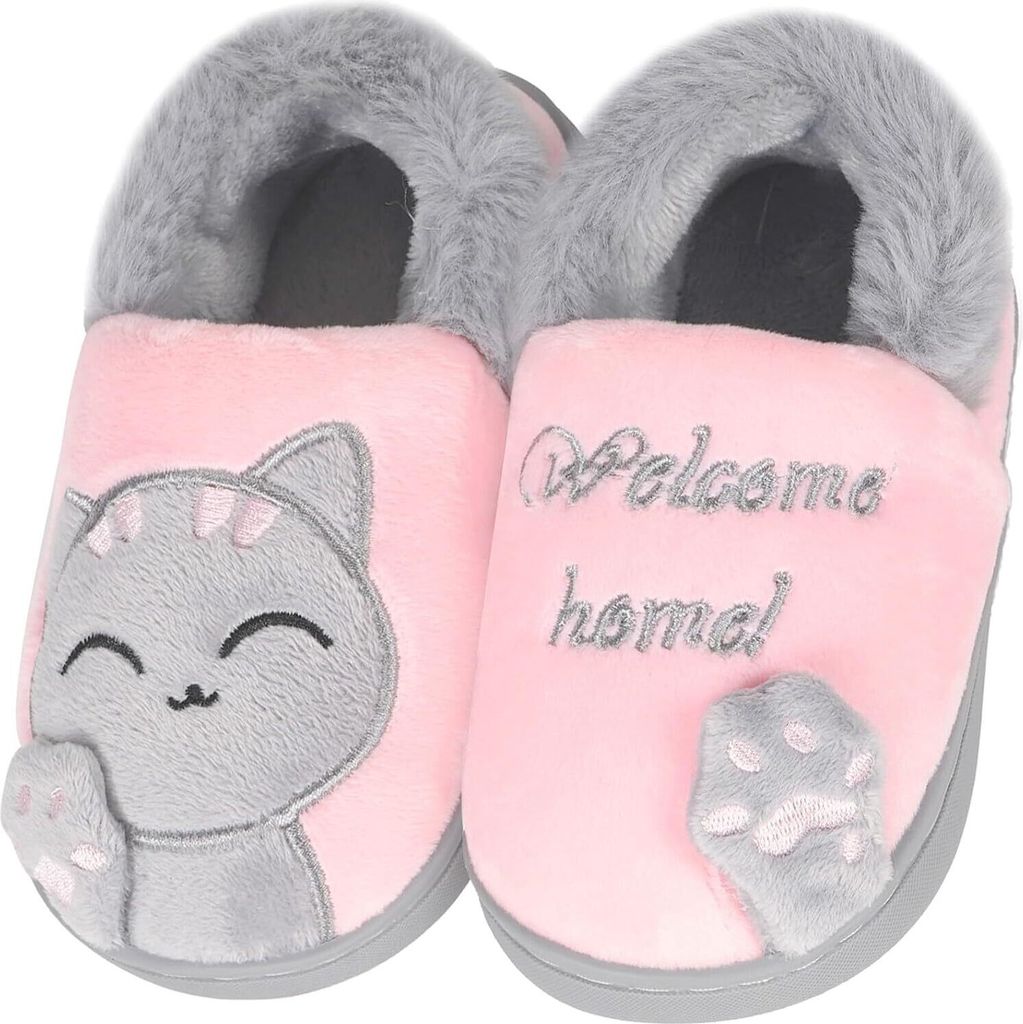 ASKSA Maedchen Jungen Pluesch Baumwolle Hausschuhe Kinder Winter Warme Gefuettert weiche Pantoffeln mit Cartoon Katze rutschfeste Slippers Hause In...