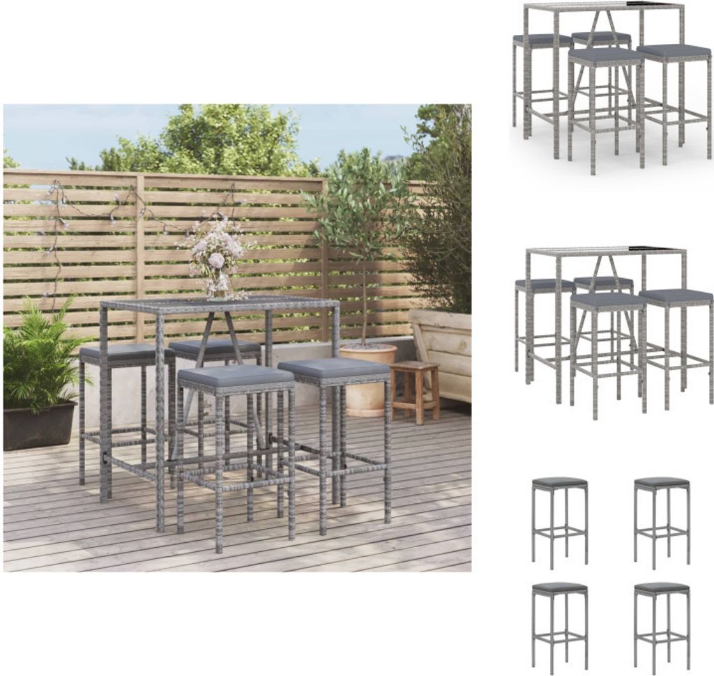 vidaXL 5-tlg. Gartenbar-Set mit Kissen Grau Poly Rattan - Gartenmöbel-Sets