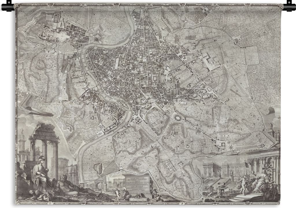 MuchoWow Wandteppich Wandbehang Stadtplan - Rom - Schwarz und weiß 90x67.5 cm Tapisserie Dekoration Wandtuch - Fototeppich - Wand-Skulpturen