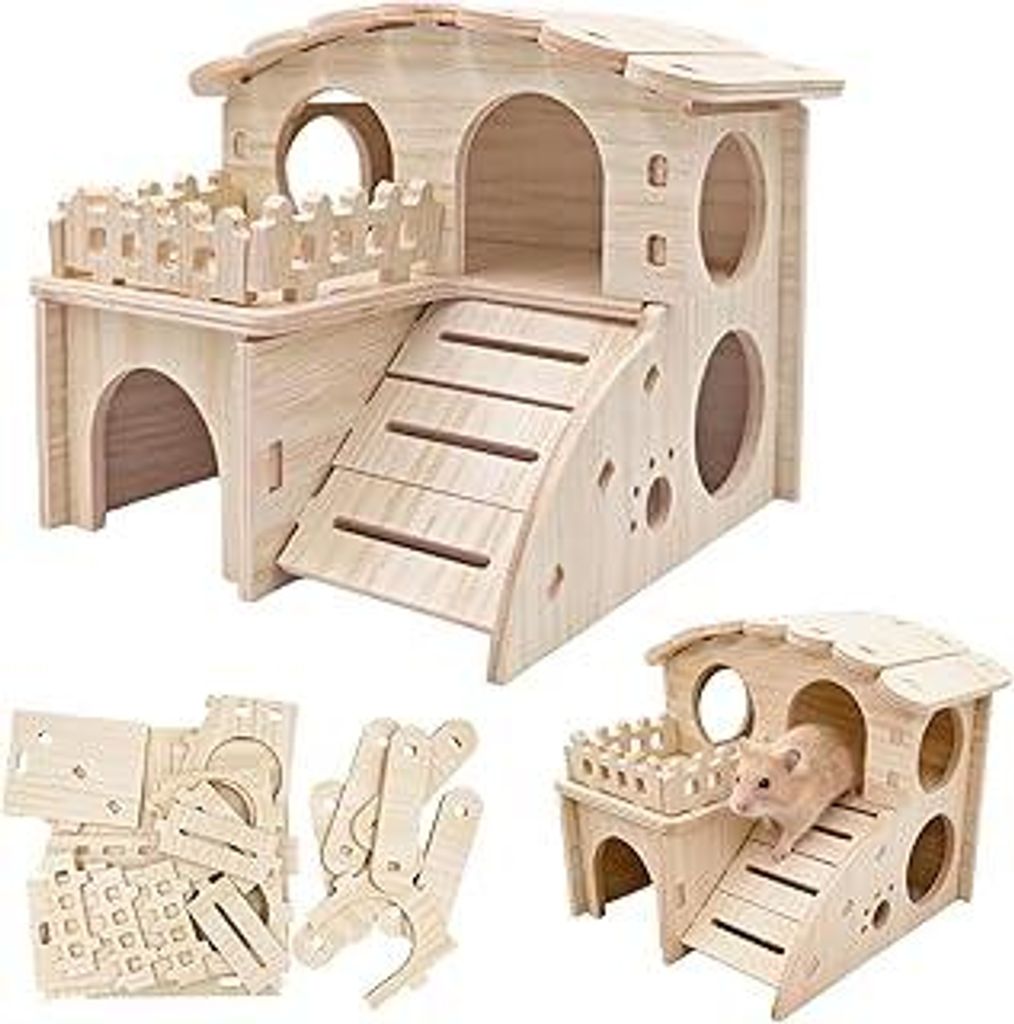 Hamster Haus, Hamsterhaus aus Holz Mehrkammernhaus Hamster Klein Hamsters Spielzeug Zubehör für Meerschweinchen Chinchillas Zwerghamster Rennmäu...