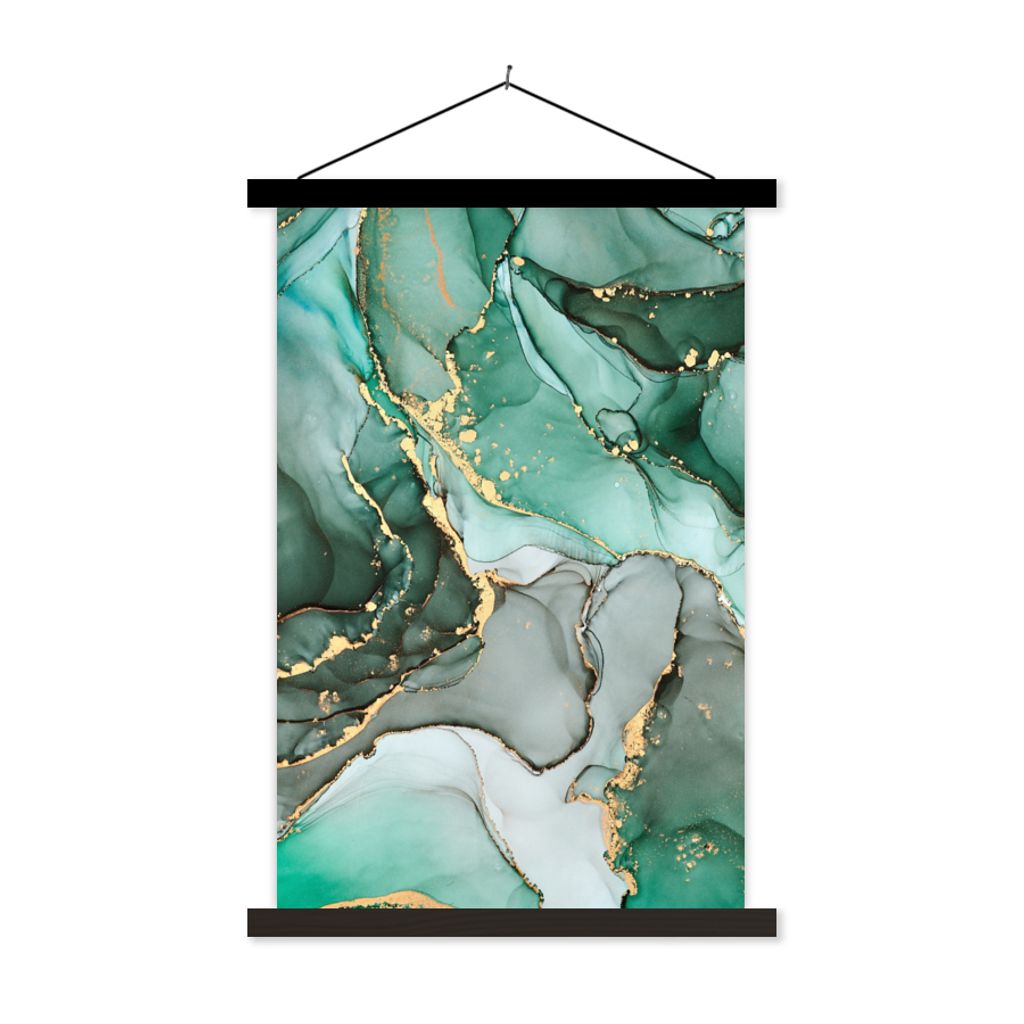 MuchoWow Textilposter Gold - Marmor - Grün - Luxus - Marmoroptik - Grau 60x90 cm mit schwarzem Rahmen - Poster Wohnzimmer