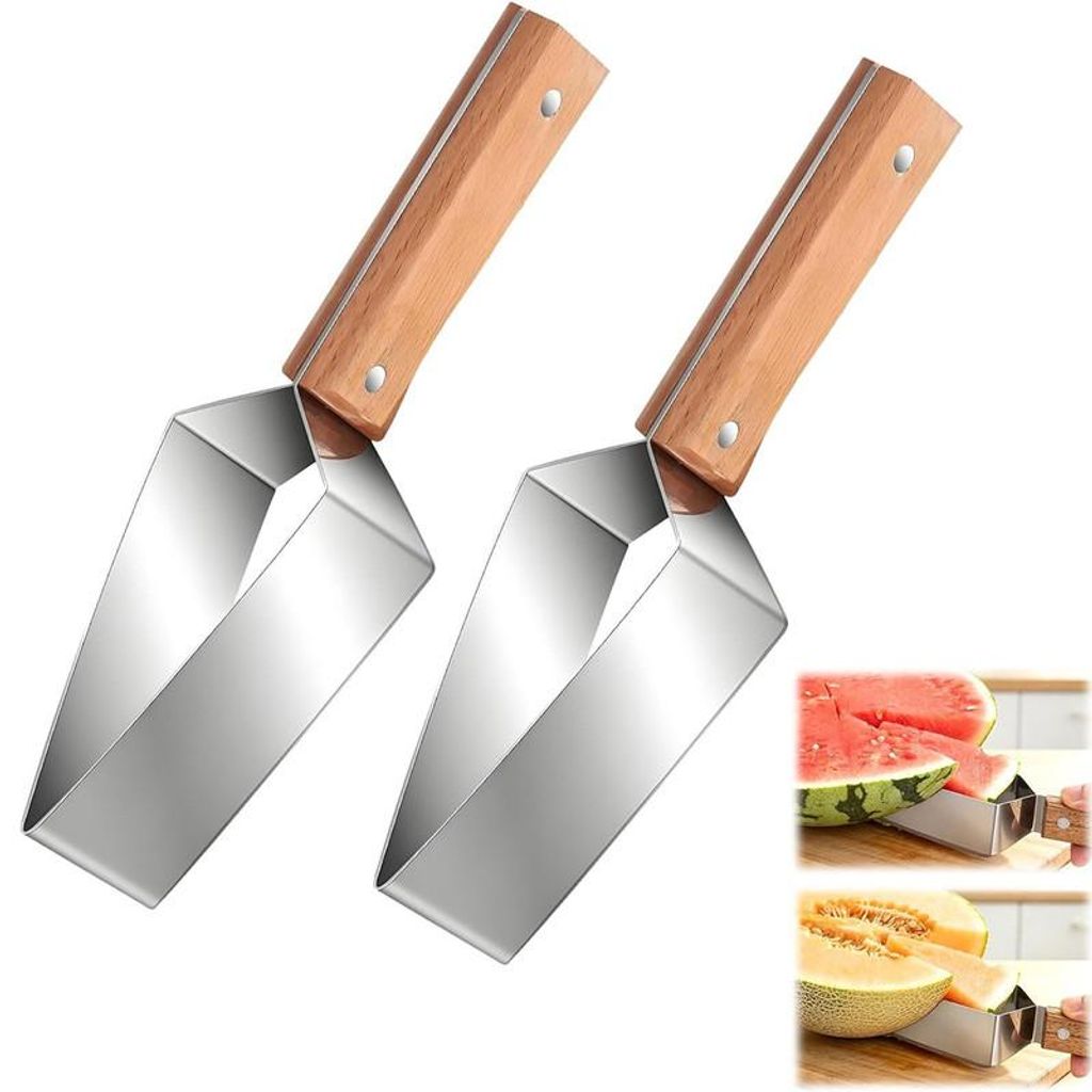 Melonenschneider Edelstahl 2 Stück, Wassermelonen Schneider mit Holzgriff, Fruchtschneider für Obstplatten & Picknick