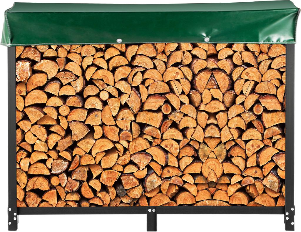 A firewood rack filled with logs, covered by a green tarp.