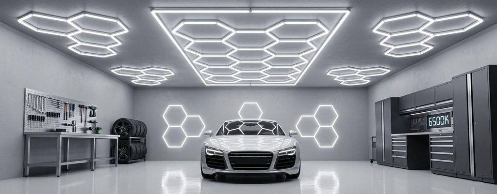 Plafonnier hexagonal LED, 65W, 7606 lumens, 6500K, IP54, Image du produit 