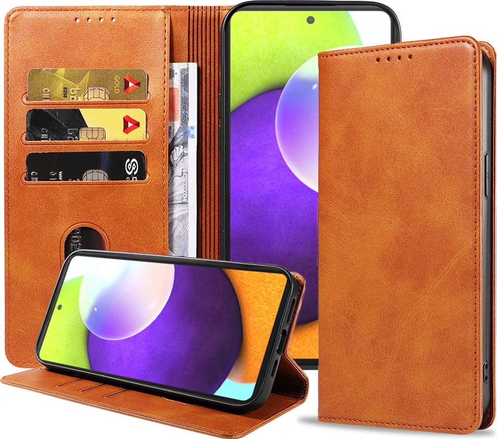 Smartphonica Custodia in pelle per Samsung Galaxy A52 con chiusura magnetica e portacarte - Marrone
