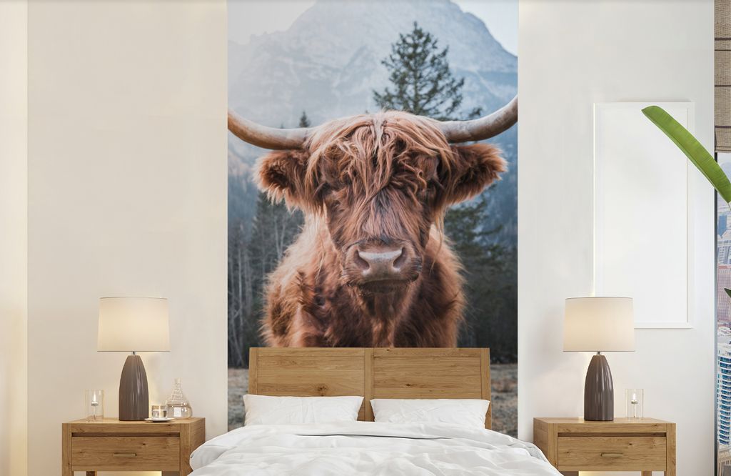 MuchoWow Fototapete für Wohnzimmer oder Schlafzimmer Wandtapete Vinyl Motivtapete Schottischer Hochländer - Kuh - Tiere - Berg - Natur - 120x24...