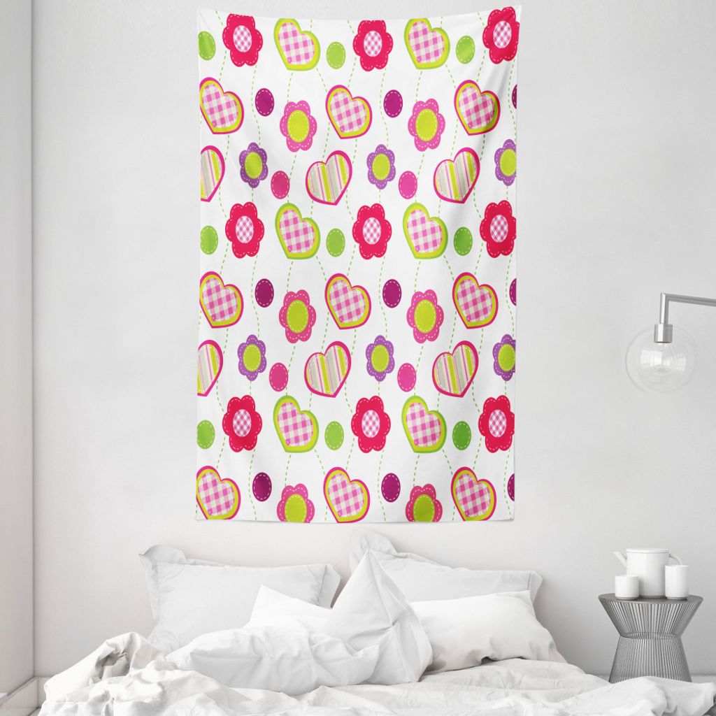 ABAKUHAUS Kids Wandteppich und Tagesdecke, Blumen-Herz-Shapes aus Weiches Mikrofaser Stoff Waschbar ohne Verblassen Digitaldruck, 140 x 230 cm, Lil...