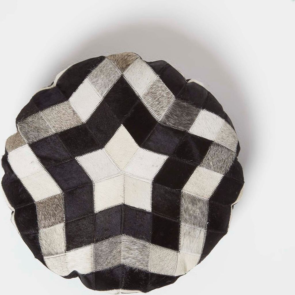 HOMESCAPES Fellkissen rund 40 cm - Patchwork Kissen Stern aus Fell & Leder creme-grau-schwarz