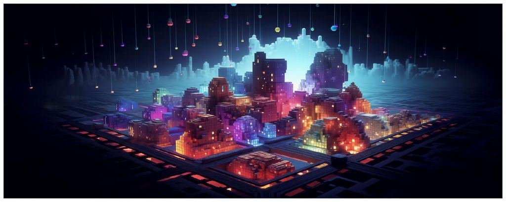 Wallario Küchenrückwand selbstklebend, Größe: 115 x 50 cm, Motiv: Leuchtende Pixelstadt | Spritzschutz | abwischbar | pflegeleicht | in