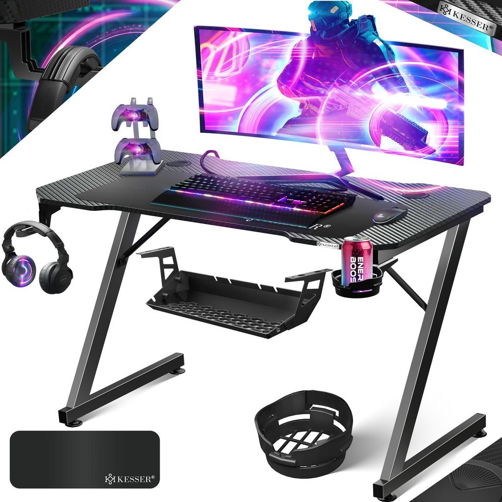 KESSER Gaming Tisch LED | Z-Form Gamer Schreibtisch | Kopfhörerhaken & Kohlebeschichtung | Ergonomischer PC Computertisch | Stabiler Tisch mit M...