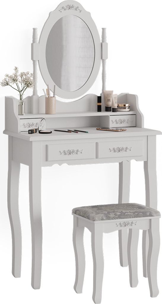 A white vanity table with a mirror and a stool, set against a white background.