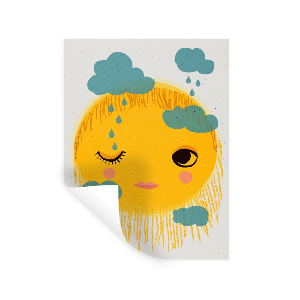 MuchoWow Wandtattoo Wandsticker Wandaufkleber Sonne - Gesicht - Gelb - Wolken - Regen 60x80 cm Selbstklebend und Repositionierbar - Repositionier...