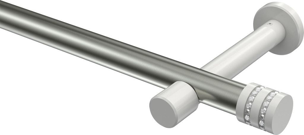 Interdeco Gardinenstange / Vorhangstange Edelstahl-Optik / Weiß, Typ Prestige Estana (Glitzerkappe) ohne Ringe, 20 mm Ø 1-läufig, 160 cm