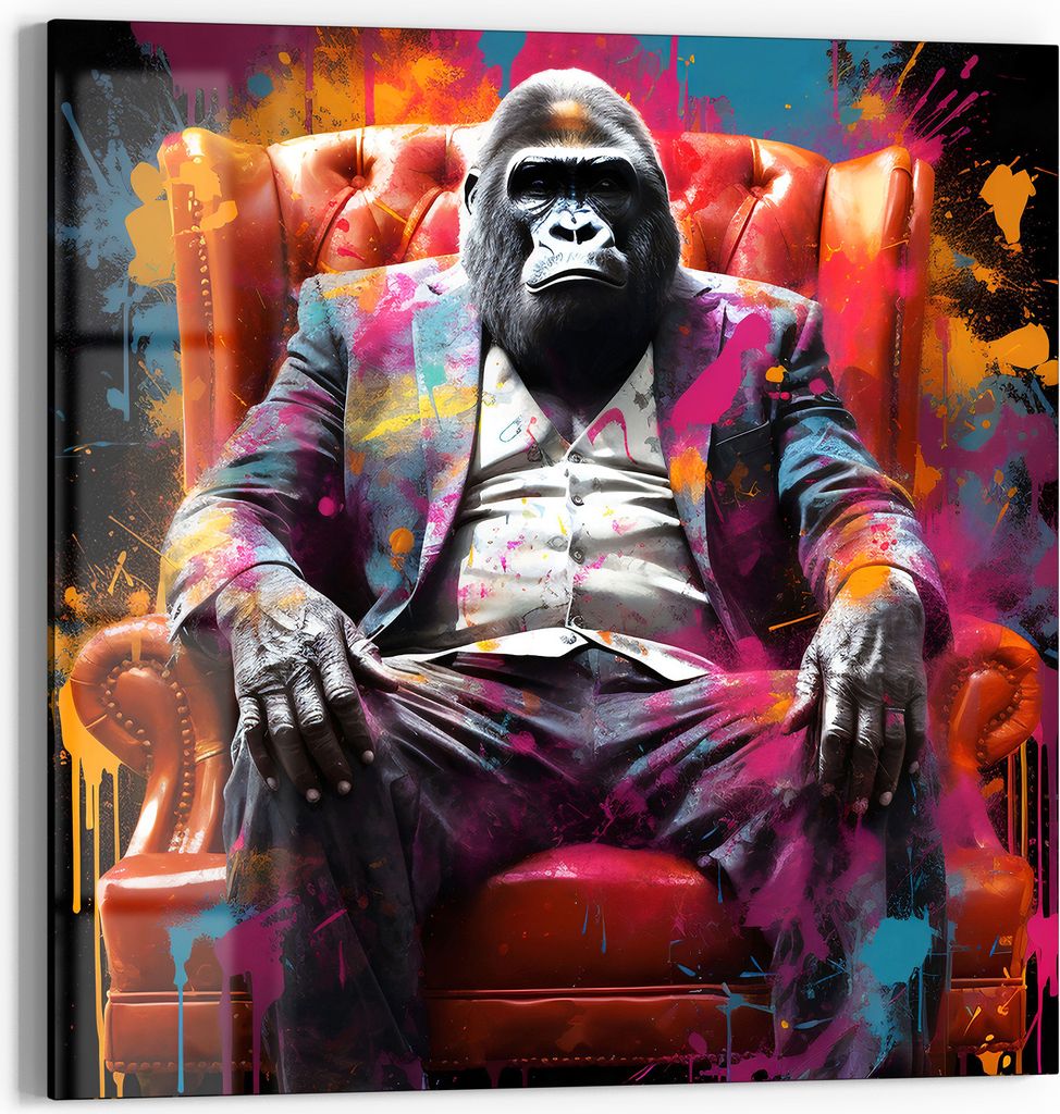 DEQOART Glasbild Echtglas 30x30 cm 'Gorilla Lounge' Wandbild Bild modern Deko