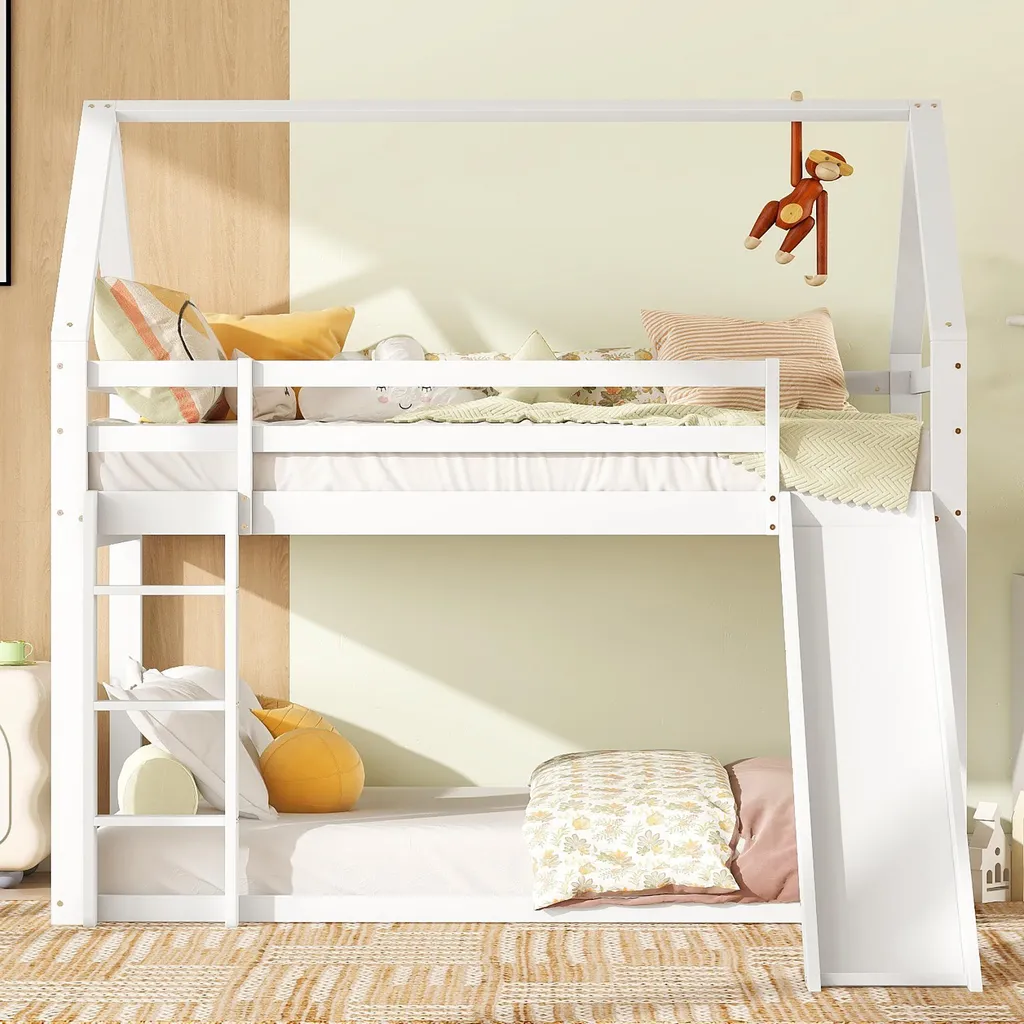 Lit superposé cabane en bois blanc 90x200 avec toboggan pour enfants