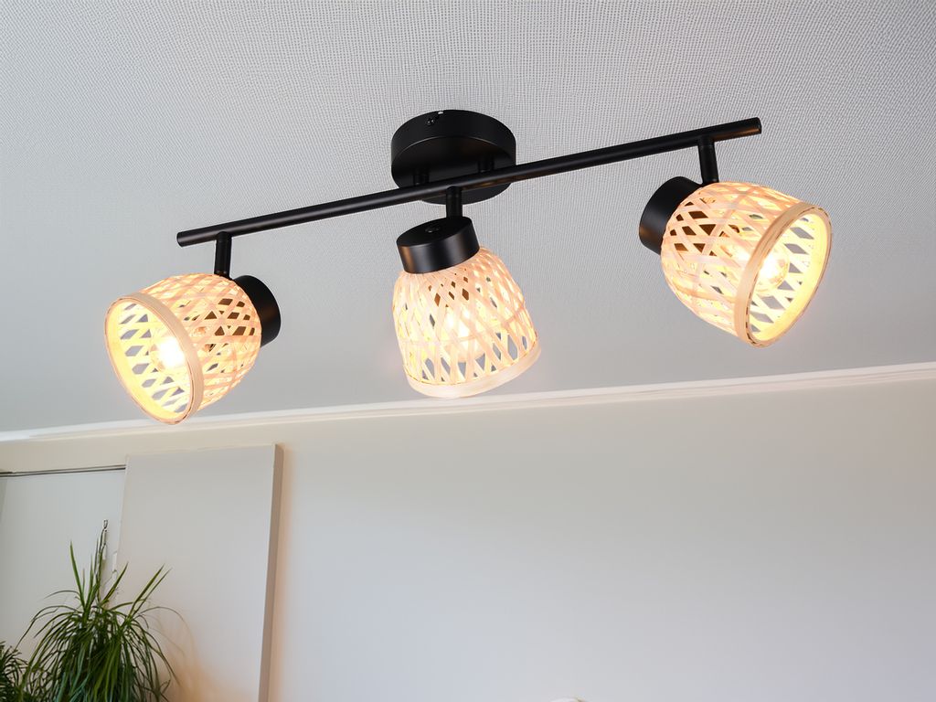 LED Deckenstrahler 3-flammig mit Korbgeflecht Lampenschirmen Bambus, Breite 60cm