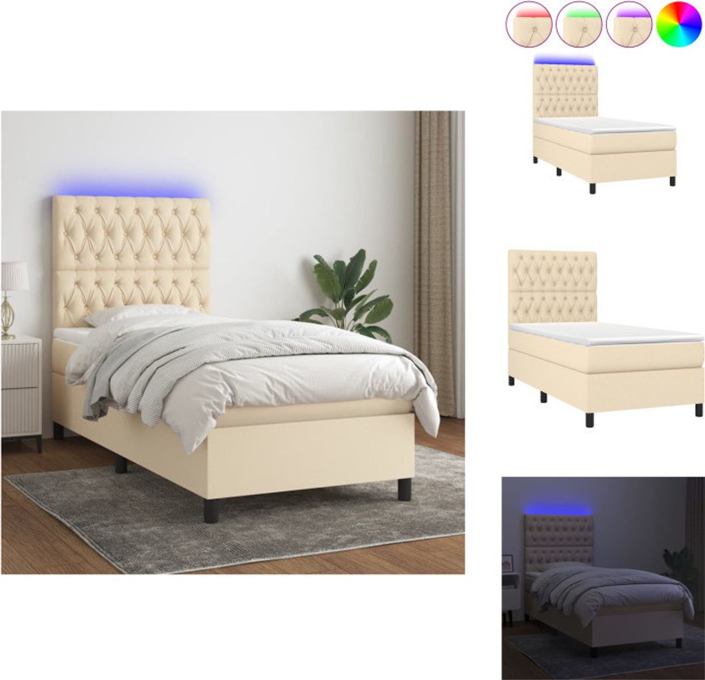 vidaXL Boxspringbett mit Matratze & LED Creme 90x190 cm Stoff - Betten & Bettgestelle