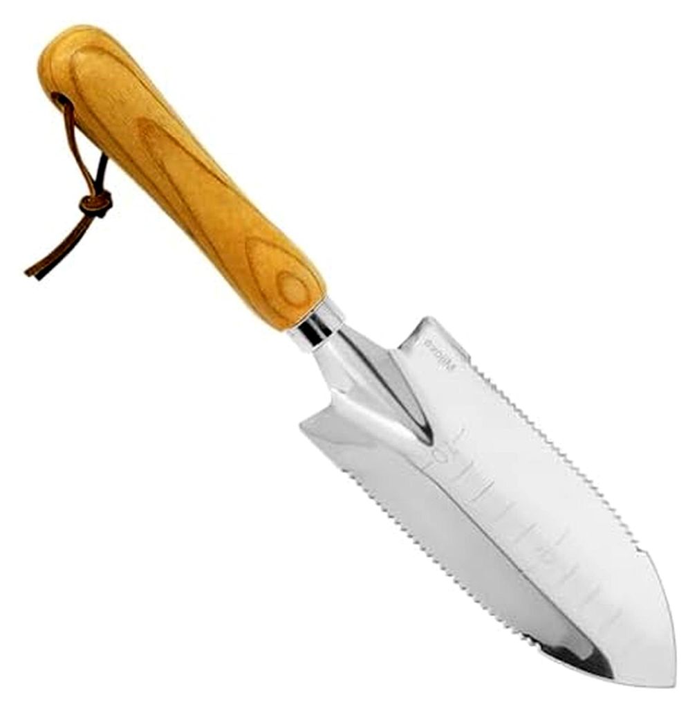 Mini-Pflanzkelle mit Messtiefenmarkierung, Edelstahlhandschaufel für Pflanzen und Umtopfen, Holzgriff