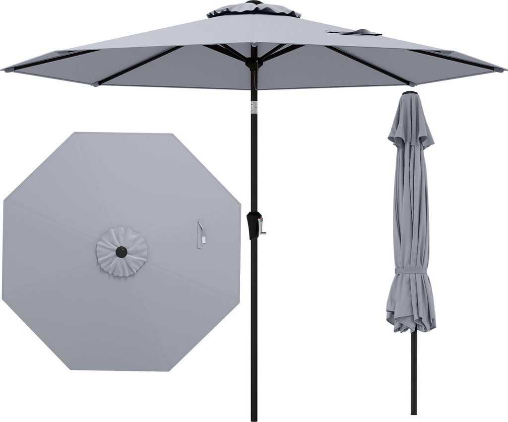 A light gray patio umbrella is shown in three different views: fully open, folded, and a top-down view of the canopy.