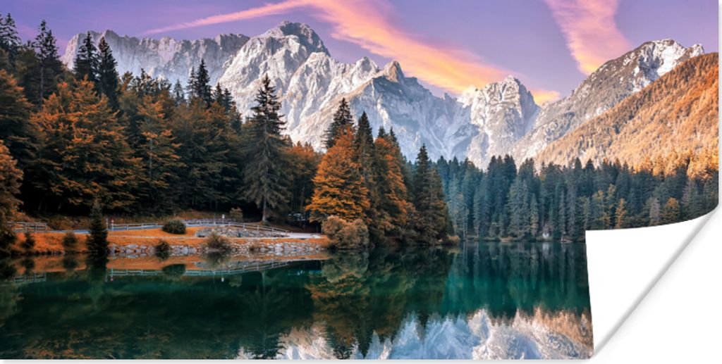 MuchoWow Poster Berg - Wald - Wasser - Himmel - Rosa - Lila 40x20 cm - Poster für die Wand - Poster Schlafzimmer