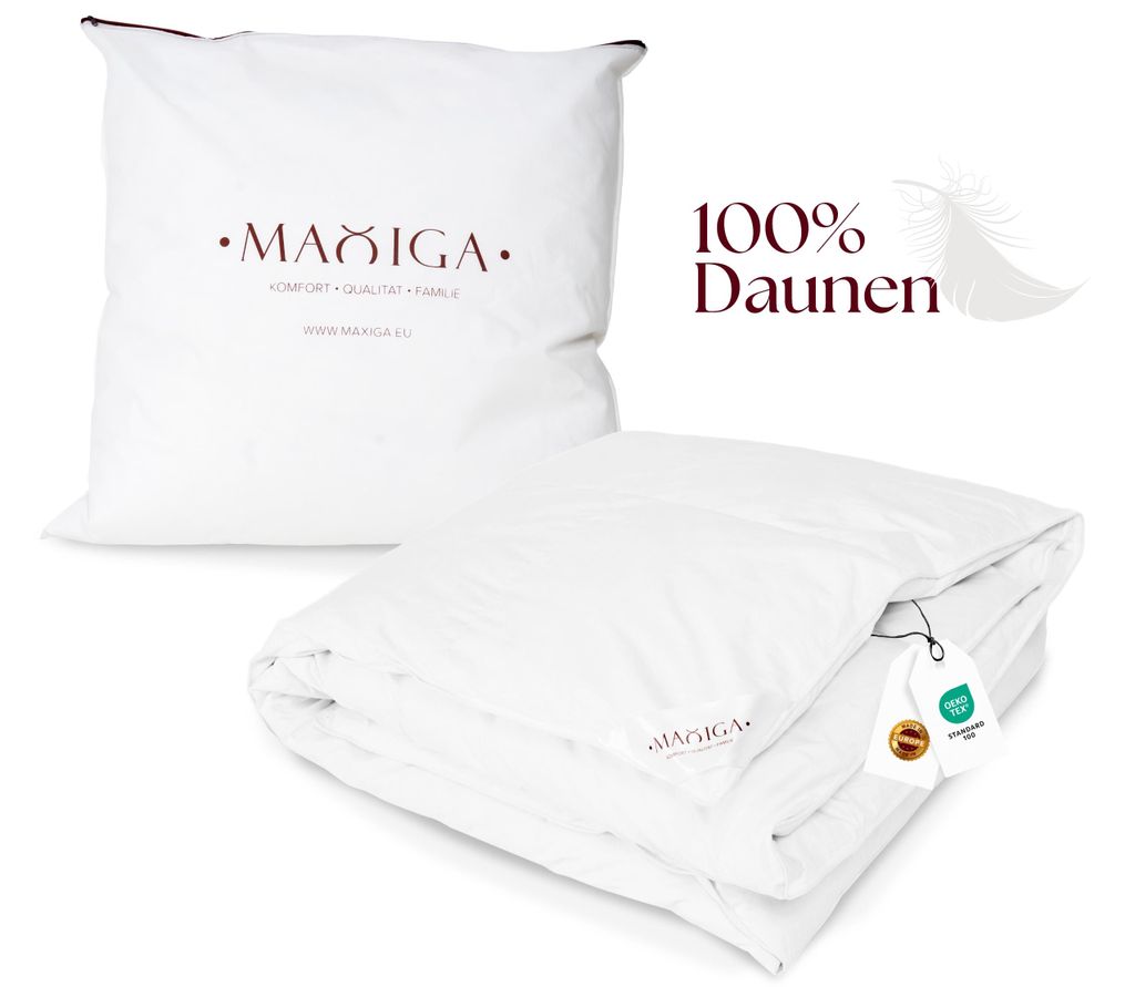 maxiga Sommer Daunendecke 200x220cm Premium 100% Gänsedaune Füllgewicht: 1300 Gramm, Sommerdecke Federbett 100% Baumwolle & Nature Hypoallergen