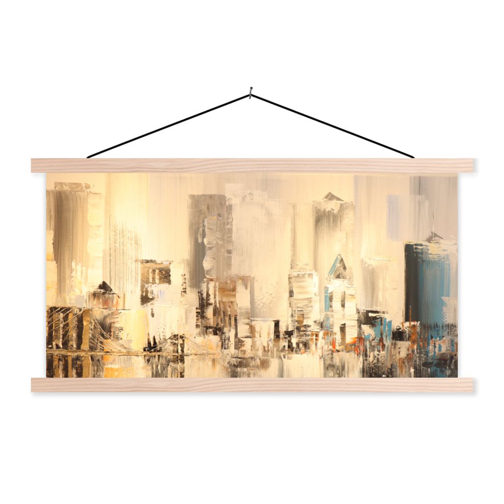 MuchoWow Textilposter Gemälde - Öl - Abstrakt - Skyline 60x30 cm mit holzfarbenen Rahmen - Dekoration