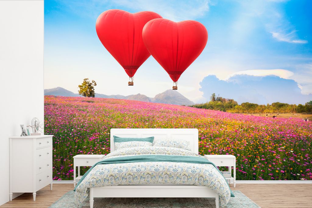 MuchoWow Fototapete für Wohnzimmer oder Schlafzimmer Wandtapete Vinyl Motivtapete Heißluftballon - Blumen - Herz - 330x220 cm - Fototapeten
