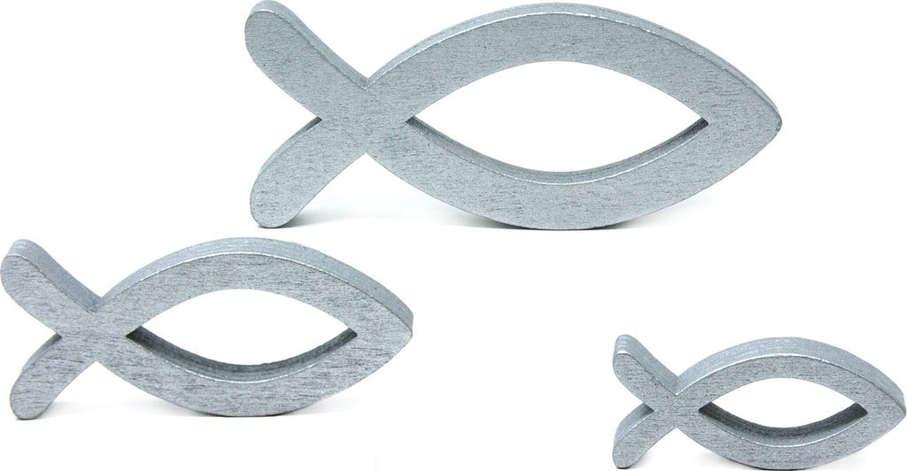 Oblique Unique 3 Holz Fische Deko Mix Streudeko Dekoration für Taufe Kommunion Konfirmation Taufdeko - silber