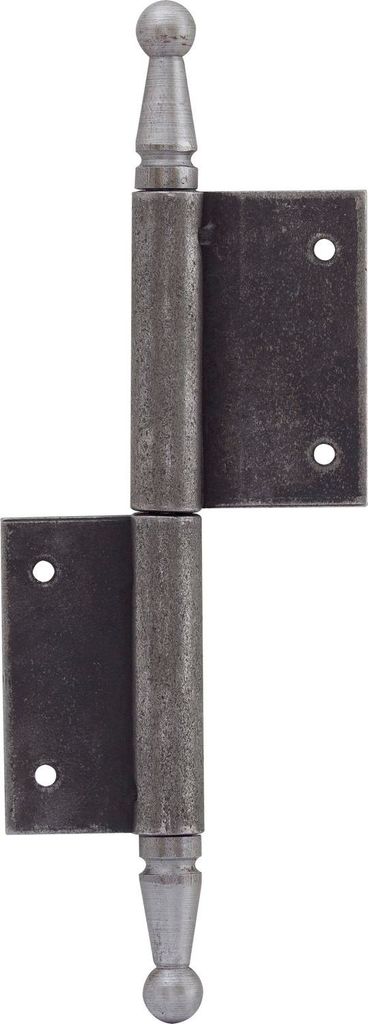 A single hinge with decorative finials on a white background.