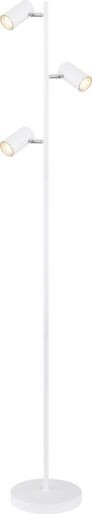 A white floor lamp with three adjustable spotlights on a white circular base, photographed against a white background.