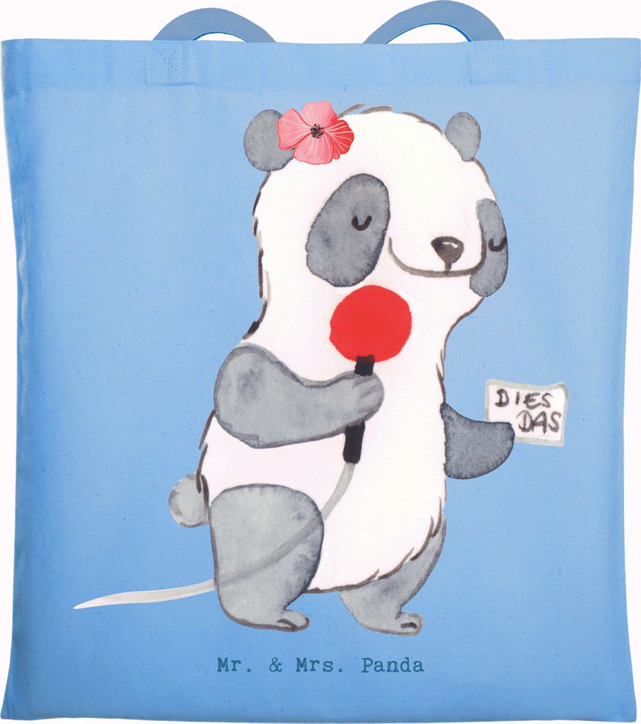 Mr. & Mrs. Panda Schultasche Pressereferentin Herz - Sky Blue - Geschenk, Tote Bag, Tasche, Presseagentur, Shopping, Ausbildung, Baumwolltasche, St...