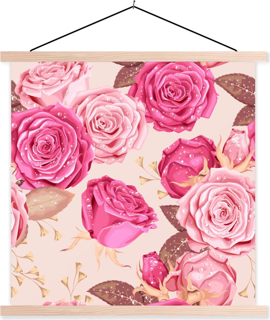 MuchoWow Textilposter Rosen - Blumen - Muster 40x40 cm mit holzfarbenen Rahmen - Posterleiste