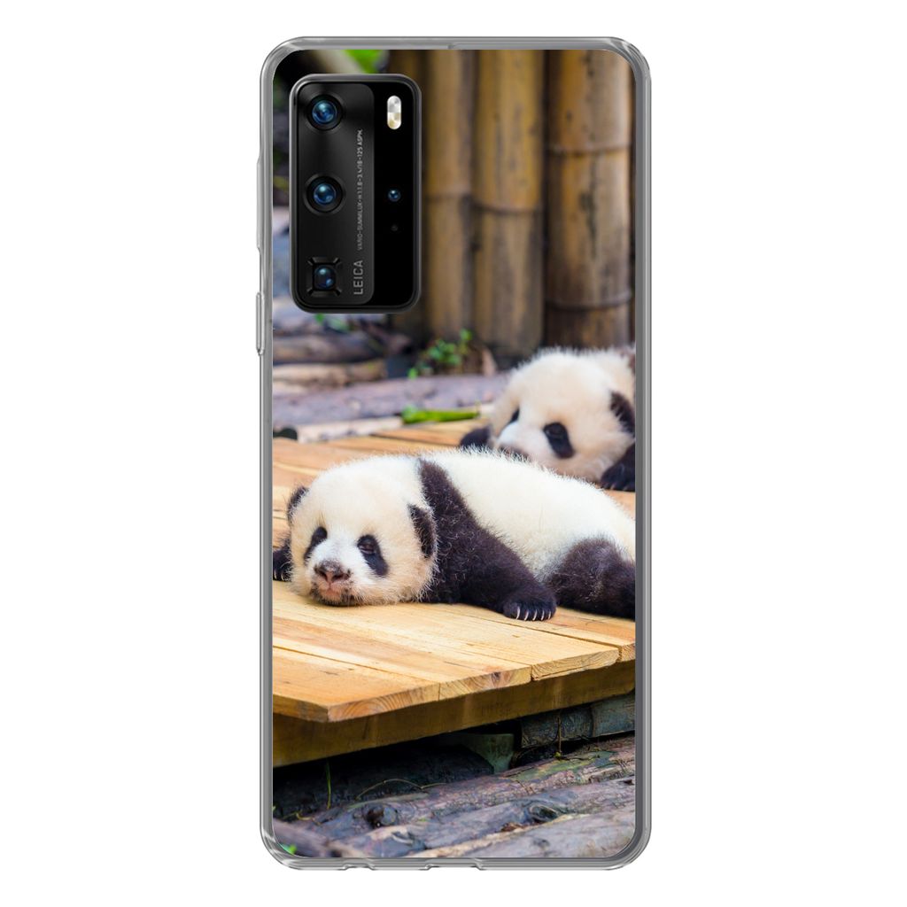 MuchoWow Handyhülle Schutzhülle Hülle für Huawei P40 Pro Pandas - Boden - Holz Silikon Softcase Handy Hülle - Schutz