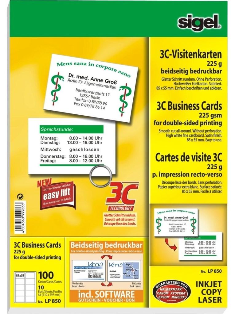 SIGEL LP850 Visitenkarten, 3C, hochweiß, beidseitig Produktbild 